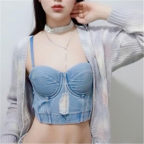 Sexy Backless Denim Camis Tops Vintage Blue Streetwear Summer Push up Bra Ripped Tassel Sleeveless Crop Tops Tees 2021