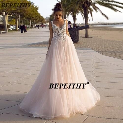 BEPEITHY V neck Beach Lace Wedding Dresses For Bride 2020 Backless Sweep Train Indian Bridal Wedding Gown White Lace Fabric