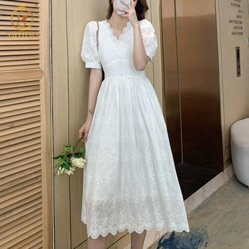SMTHMA Ladies Embroidery Flowers Summer Dress For Women V Neck Puff Short Sleeve High Waist Midi Dresses Female Fashion Clothes