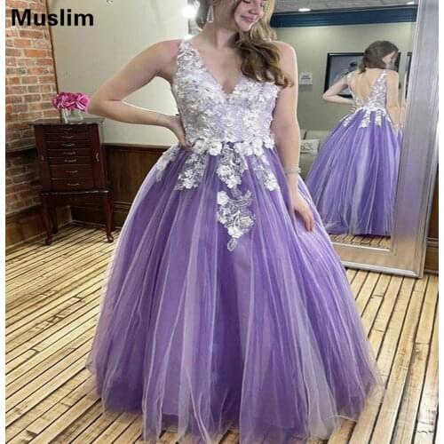 Backless Light Purple Prom Dresses With Florals Sexy V Neck A Line Tulle Evening Dress Beaded Night Party Formal Dress For Women
