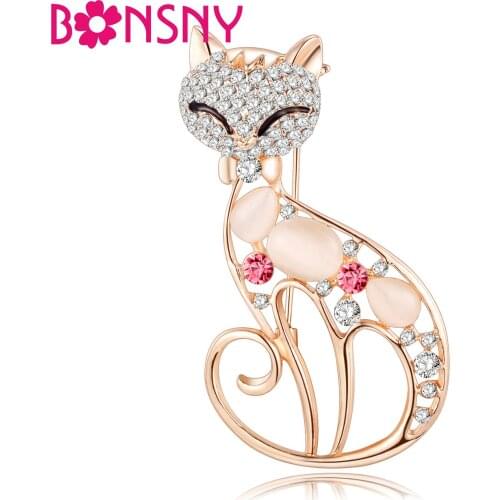 Bonsny Rhinestone Opal Cat Kitten Brooch For Women Wedding Brooches Pin Collar Scarf Decoration New Fashion Animal Jewelry