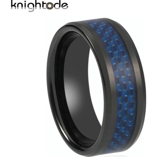 Black Tungsten Carbide Rings For Men Women Blue Carbon Fiber Inlay Polished Shiny Beveled Design Tungsten Wedding