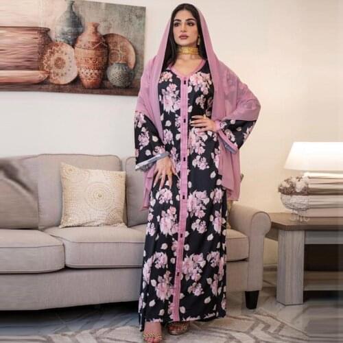 Elegant Black Ramadan Jalabiya Dress Dubai Islam Floral Print Abayas for Women Turkish Kaftan Maxi Dress Moroccan Muslim Prayer
