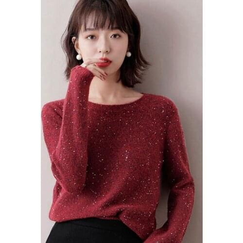 Elegant intellectual temperament sweater womens 2021 autumn winter new wine red wool Pullover Sequin bottomed sweater