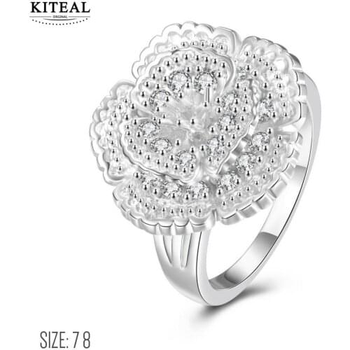 KITEAL Best Gift silver plated White size 7 8 Perfume women Engagement rings big flower men ring floating charms