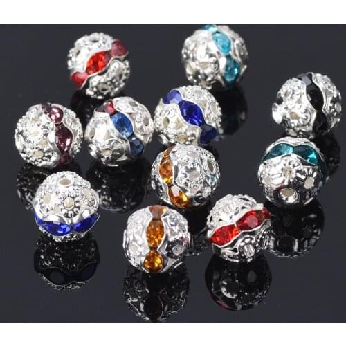 20pcs 8mm Round Silver Plated Metal & Rhinestones Loose Spacer Beads for Jewelry Making DIY Crafts Findings