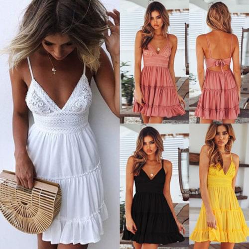 Summer Womens Lace V-Neck Sleeveless Holiday Tutu Dress Ladies Boho Beach Vestidos Sundress Strapless Party Mini Dresses Sunsuit