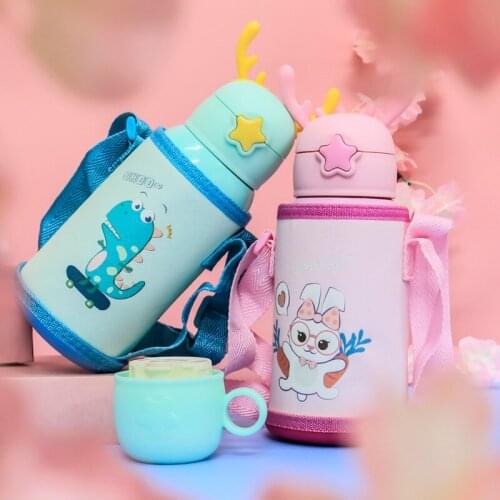 Cartoon Animal Baby Feeding Cups With Straws Cup Stainless Steel Material Leakproof Water Bottles Outdoor Portable Children Cup
