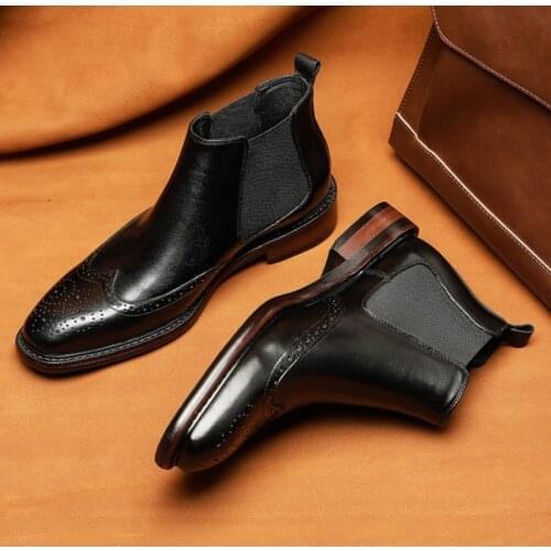 Men Leather Boots Handmade Genuine Leather Ankle Boots Handmade High Top slip on Dress Shoes Black Brown Brogue Chelsea bota