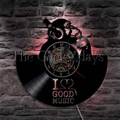 I Love Good Music Thinker Monkey Vinyl Record Wall Clock With LED Backlight Music Headphone Gorilla Decortion Lighting