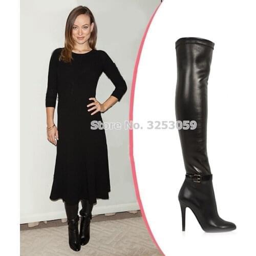 ALMUDENA Slim Fit Black Elastic Leather Skinny Long Boots Over-the-knee Buckle Strap Tall Boots Daily Dress Shoes Dropship