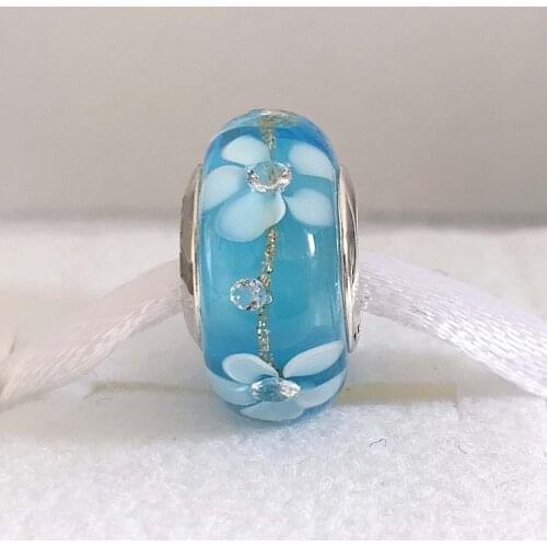 Original Blue Cherry Blossom Gold Sparkle Lampwork Murano Glass Bead Fit 925 Sterling Silver Charm Bracelet DIY Jewelry