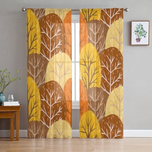 Autumn Woods Yellow Tulle Sheer Window Curtains for Living Room Kitchen Children Bedroom Voile Hanging Curtain