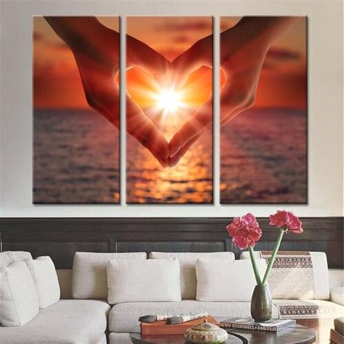 Drop Shipping 3 Pieces Heart Shape Gesture Sunset Sea View on Canvas Wall Art Paintings for Living Room Home Decor No Frame