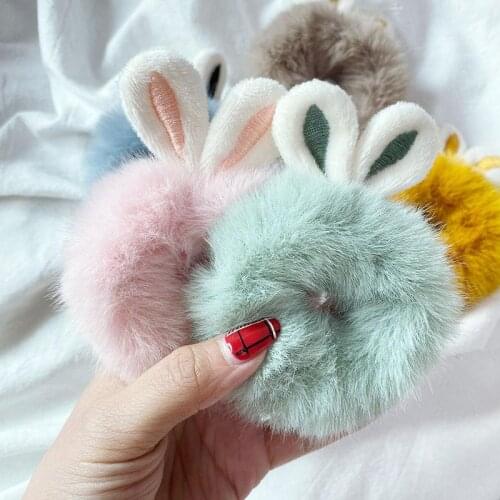 Cute Sweet Imitation Rabbit Fur Rabbit Ears Elastic Hair Bands Girls Women Fluffy Hair Rings Candy Color Plush Hair Accessories
