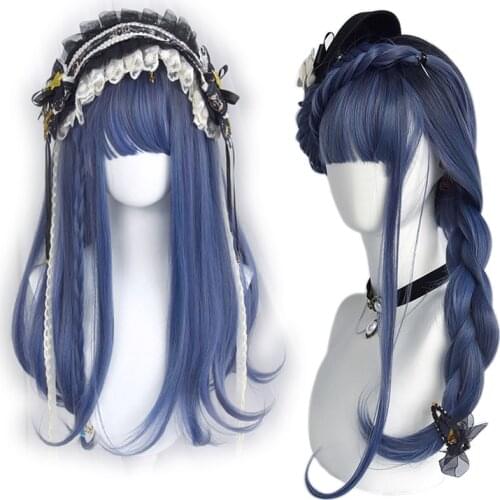 Mixed Black Navy Blue Lolita Wig Women Harajuku Long Curly Wavy Hair Cute Bangs Big Wave Adult Chic Girls Cosplay Daily Wear