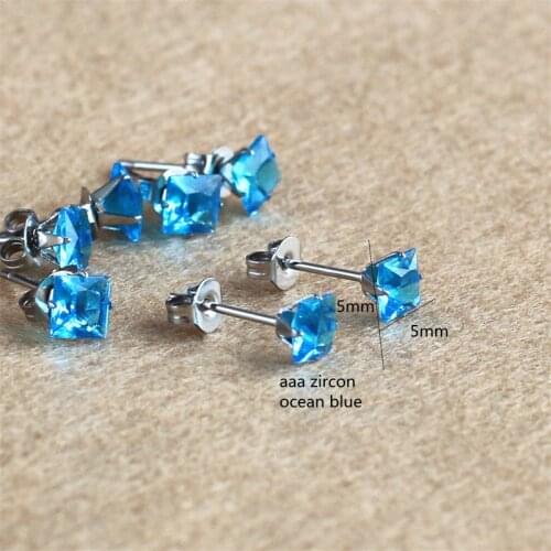 Titanium Stud Earrings With 5mm AAA Ocean Blue Square Zircons 316 L Stainless Steel No Fade No Allergy
