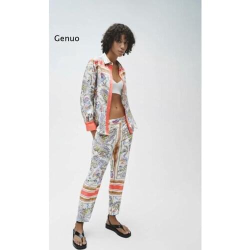Street Series Bohemian Womens Spring New Style Shirt Fashion Retro Printed Casual Home Pants Set Trousers Tops Female T-Shirt