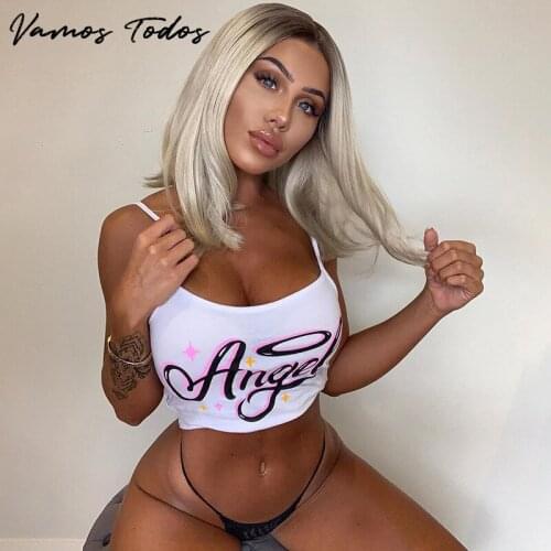 Vamos Todos 2021 Summer U-Neck Print Black White Corset Top Angel Crop Tops For Women Sexy Bodycon Tank Top Cute Women Clothing