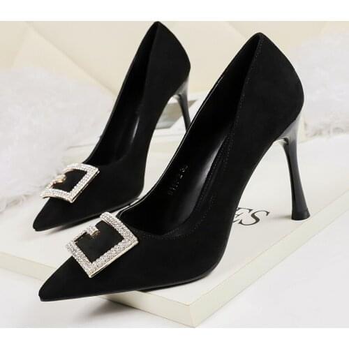 2020 spring new letter buckle velvet black high heel women stiletto sexy wild shallow mouth pointed shoes