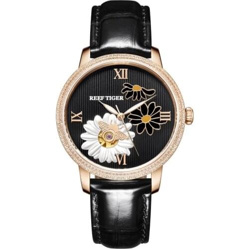 Reef Tiger RGA1585 Lady Luxury Genuine Leather Hollow Out Dial Women Automatic Meachanical Wrist Watch - Rosegold