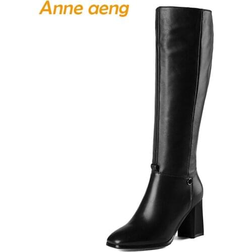 2019 New Winter Genuine Leather Women Knee-High Boots High Heel Square Toe Zip Fashion Women Shoes Black Warm Motorcycle Boots