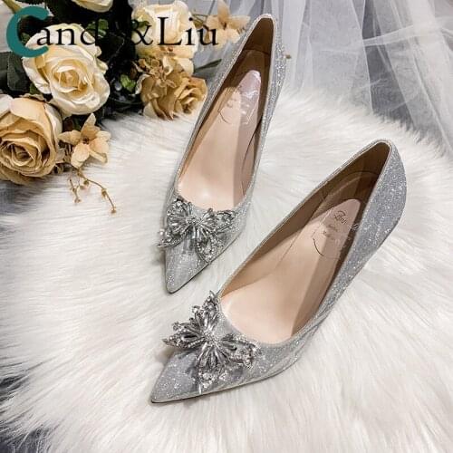 Women Pumps Sequins Silver Crystal Wedding Dress Women 2021 New White Crystal Butterfly Bow Bridesmaid Red Bride Shoes Cute Hot