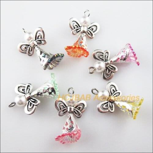 18Pcs Tibetan Silver Wings Mixed Flower Dancing Angel Charms Pendants 18x27mm