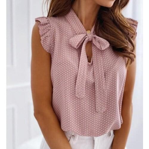 2020 Chic Shirt Bow Tie Women Tops Elegant Polka Dot Ruffle Print Female Tops Sleeveless Autumn Casual Ladies Tops