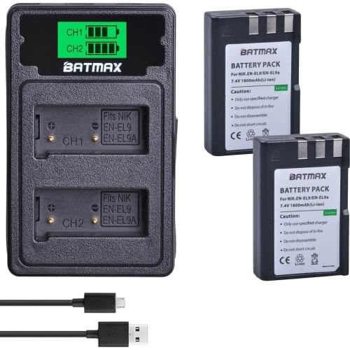 Batmax EN-EL9 EN-EL9a EN EL9 Battery+LCD USB Dual Charger with Type C port for Nikon EN-EL9a D40 D60 D40X D5000 D3000 Camera