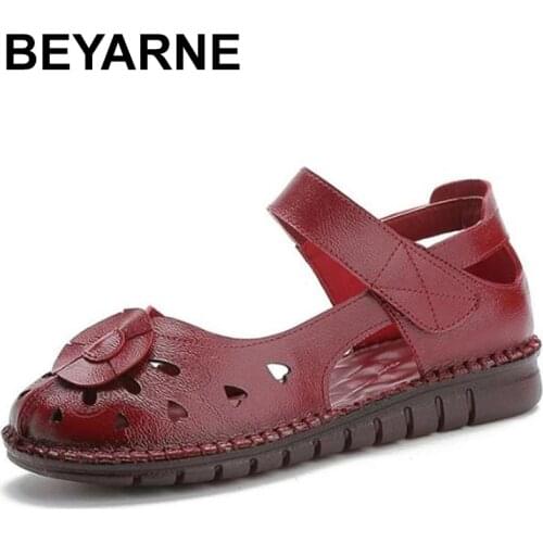 BEYARNEWomen Rome Sandals Cow Leather Soft Bottom Summer Shoes Woman Casual Flat Sandals Cut-out Ladies Sandalias Plus LargeSize
