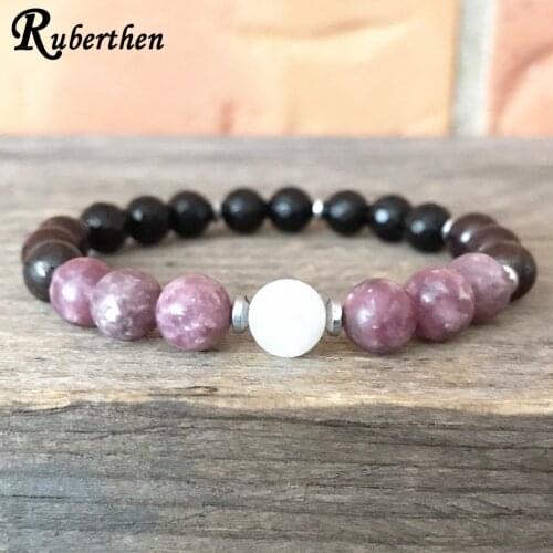 Ruberthen 8 MM Natural Lepidolite Moonstone Bracelet Black Tourmaline Bracelet High Quality Heart Chakra Meditation Jewelry