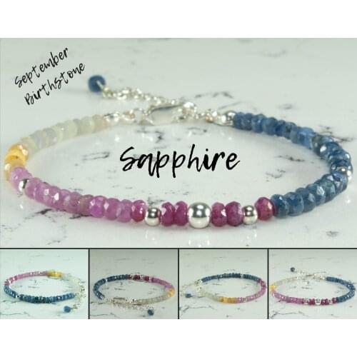 Multi Sapphire Bracelet with Silver Bead, 925 Sterling Silver Jewelry for Women, September Birthstone, hand Made in TURKEY