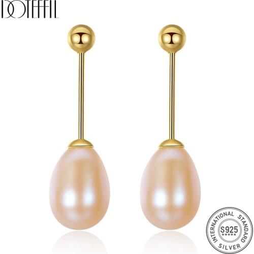 DOTEFFIL White/Pink/Purple 8mm Natural Pearl 925 Sterling Silver Gold Earrings For Women Wedding Engagement Charm Jewelry