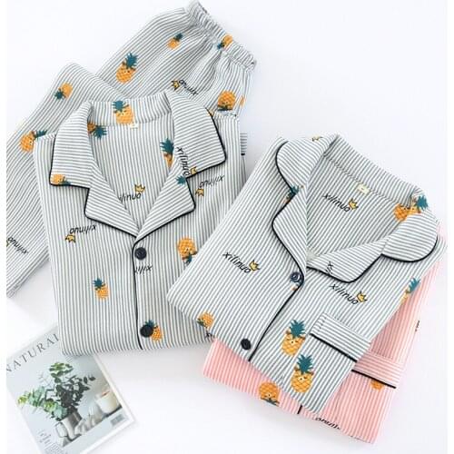 Fdfklak Lovers Cotton Sleepwear Women Pajama Set Couple Home Suit Pijamas Casual Homewear Loose Pyjamas 2PC Sleeping Clothes