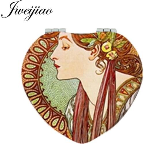 JWEIJIAO Ladys Heart Folding Makeup Vanity Mirror PU Leather Mini Portable Pocket Magnifying Mirror Flower Women Beauty