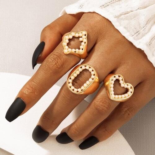 HuangTang Charms Big Pearl Stone Heart Joint Rings for Women Gold Color Metal Hollow Geometric Rings Sets Party Jewelry 18149