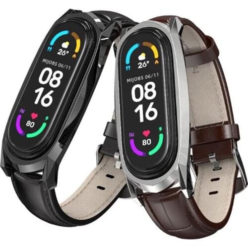 Bamboo Pattern Leather Strap For Xiaomi Mi Band 6/5/4/3 Zinc Alloy Case Bracelet for Mi Band 4 3 5 6 Strap Wristband