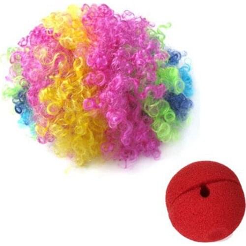 Red Foam Clown Nose + Multi-colored Clown Wig for Masquerade Cosplay fancy dress