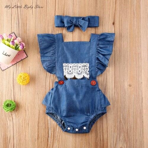Summer Baby Clothing Infant Newborn Baby Girls Denim Lace Bodysuits 2020 New Ruffled Sleeveless Sunsuit Solid Princess Jumpsuit