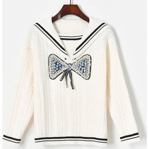 Kawaii Pullovers Jumpers 2020 Thick Warm Winter Sweater Women Navy Collar Beaded Bow Preppy Style White Sweater Sueter Mujer