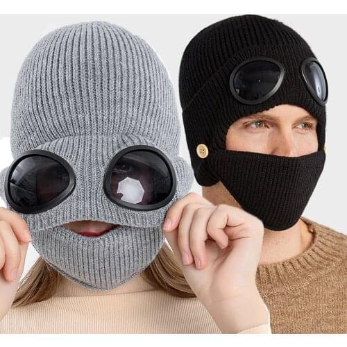 Unisex Fashion Winter Bomber hat New Piloter Glasses Ear Protection Hat Plus Velvet Warm Beanies Wool Hat Knitted Hat with Mask