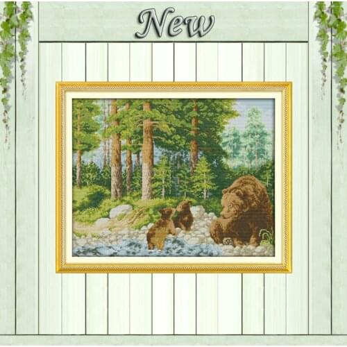Lovely bears in the forest,Counted Printed on canvas DMC 11CT 14CT Cross Stitch kit,needlework Set DIY embroidery,jungle Scenery