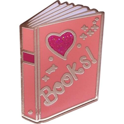 Pink books glitter pin magic power literary bookworm reader fantasy collection
