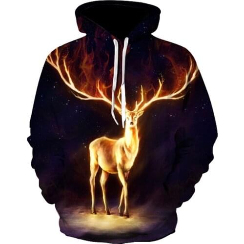 Sika Deer and Fire Graphic Printed Men 3D Hoodies Long Sleeve Hooded Autumn Sweatshirt Galaxy Streetwear Men Clothing Brand