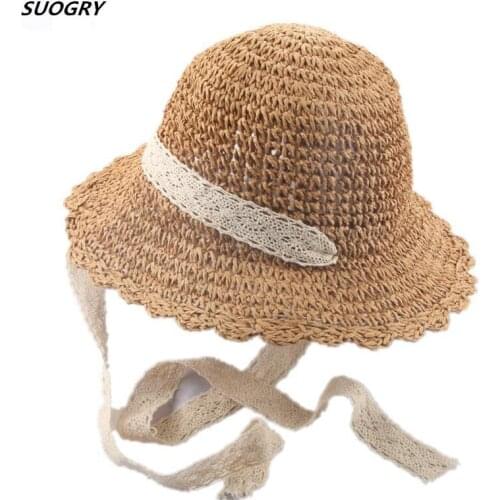 Parent-Child Handmade Summer lace Ribbon Sun Hat ladies Straw Panama Hat Wide-Brimmed Beach Sun Hat Foldable Hollow Straw Hat