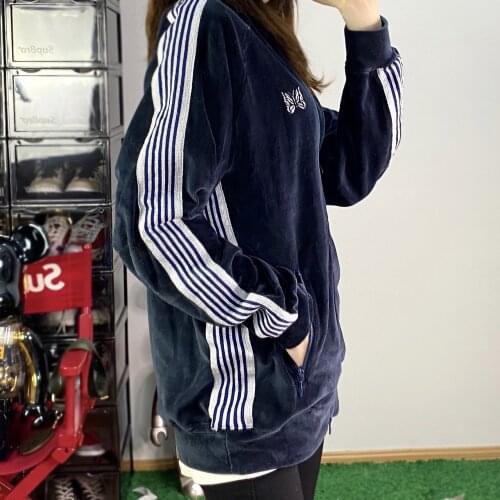 Needles butterfly high street blue velvet sports jacket butterfly embroidery side Stripe Jacket