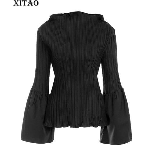 XITAO Solid Pleated Flare Sleeve Shirt Women 2021 Summer New Arrival Personality Fashion Slim O-neck All Match Blouse CLL1669