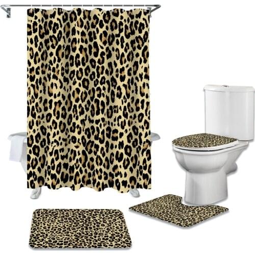 Bathroom Shower Curtain and Rug Sets Fashion Animal Leopard Skin Leopard Retro Toilet Lid Cover Bath Mat Shower Curtains Set