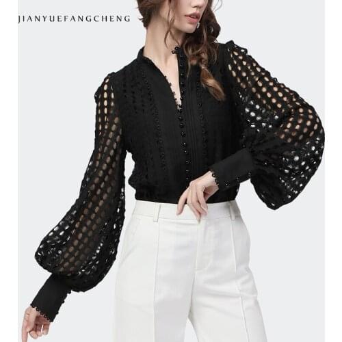 Plus Size Women' Lantern Sleeve Lace Blouse Hollow Out Circles Design Black Button-Down Shirt Elegant Loose Ladies Casual Tops